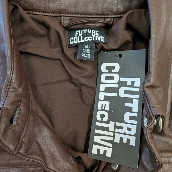 Future Collective Brown Faux Leather Coat Women Medium Button Front Long Jacket - Picture 10 of 13